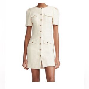 MAJE Ecru Rillio Tweed Mini Dress Knit Gold Button Front size Small, NWOT